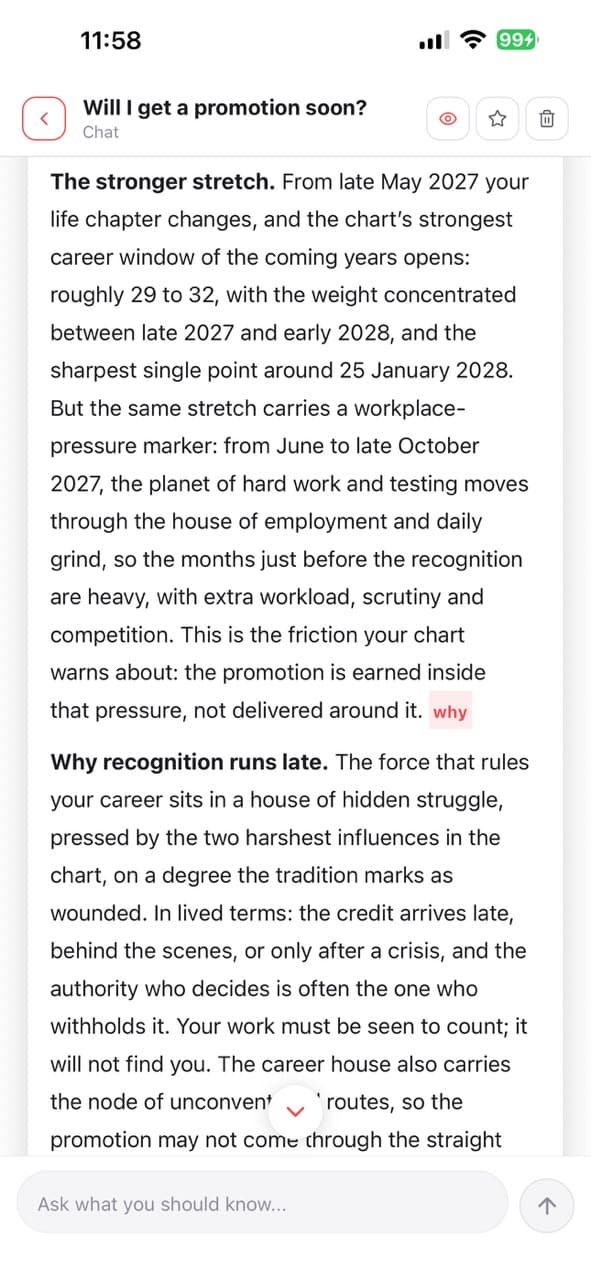 Private birth chart chat inside the Karma Code app