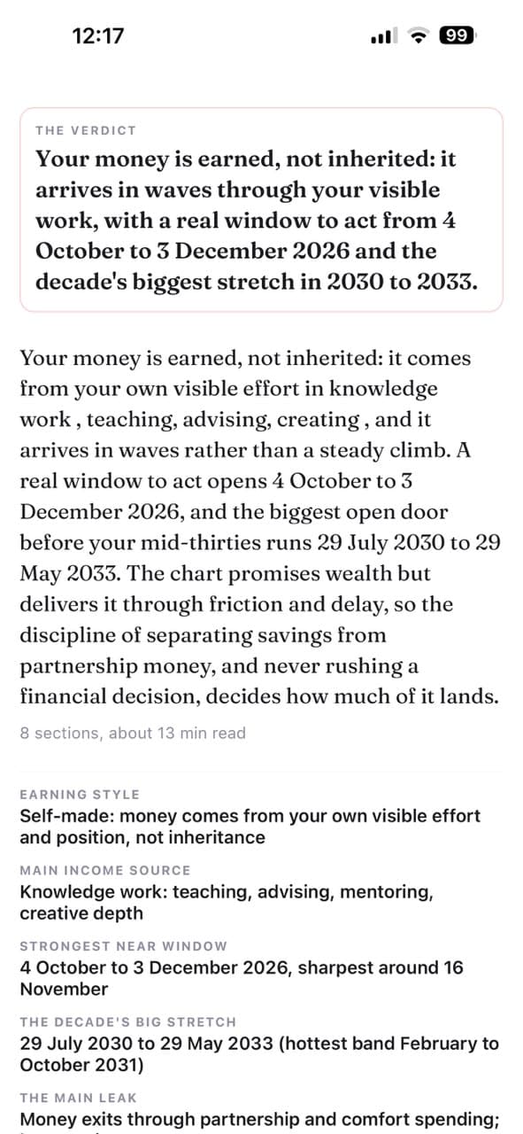 Personal reports: Financial timing and milestones